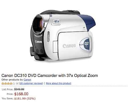 Amazon has the Canon DC310 DVD Camcorder for only $168 shipped, 