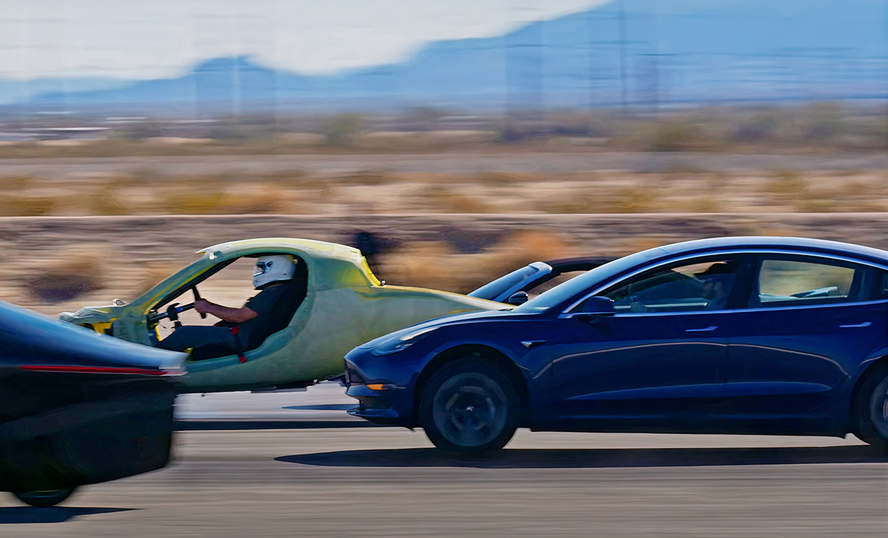 Aptera Solar Electric Vehicle Tesla Model 3 Drag Racing